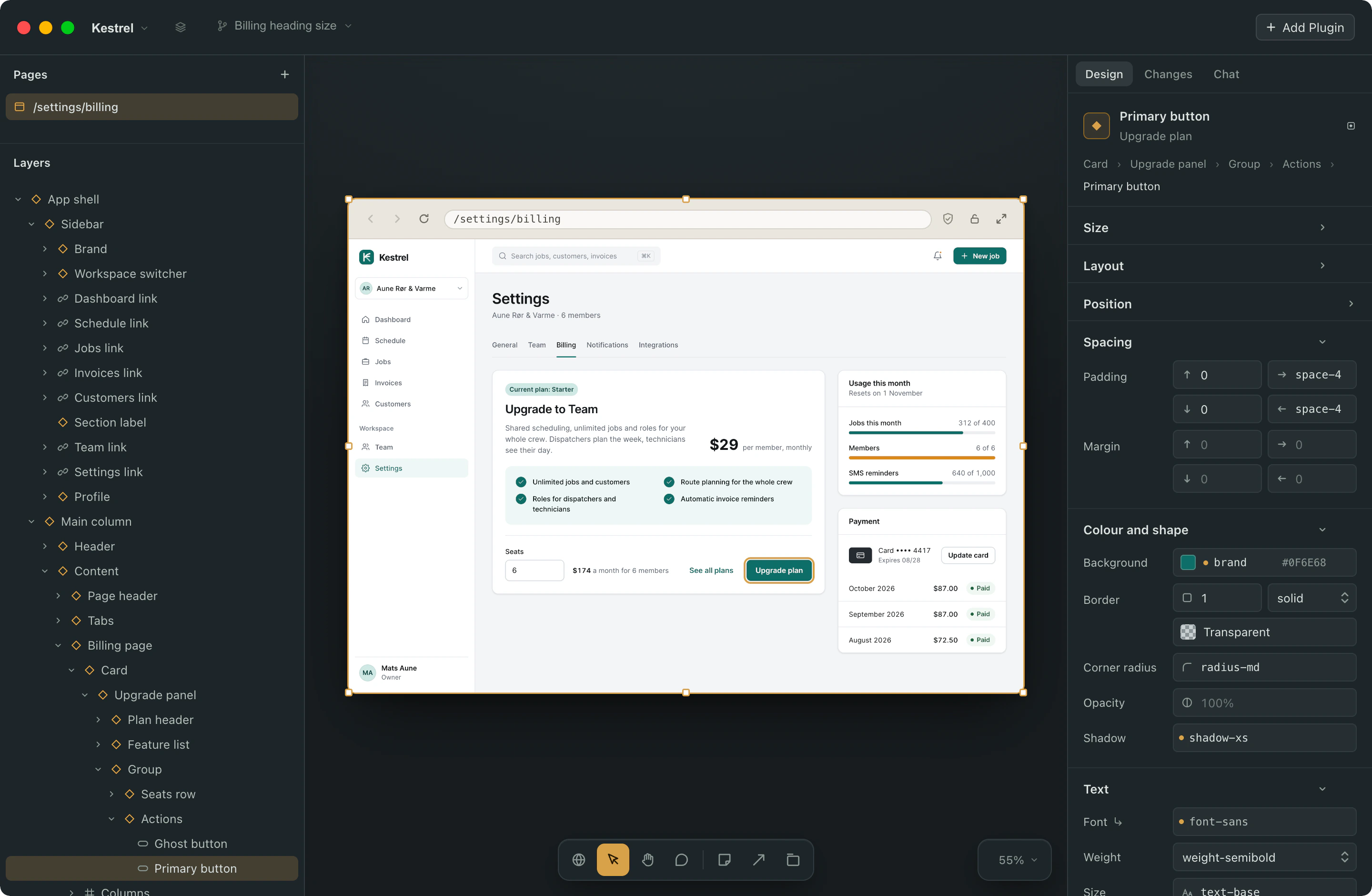 The Something window with the Kestrel billing page on the canvas. The Upgrade plan button is selected with a brass outline, and the Design panel shows its padding as the space-4 token, its background as the brand token, and its corner radius as radius-md.