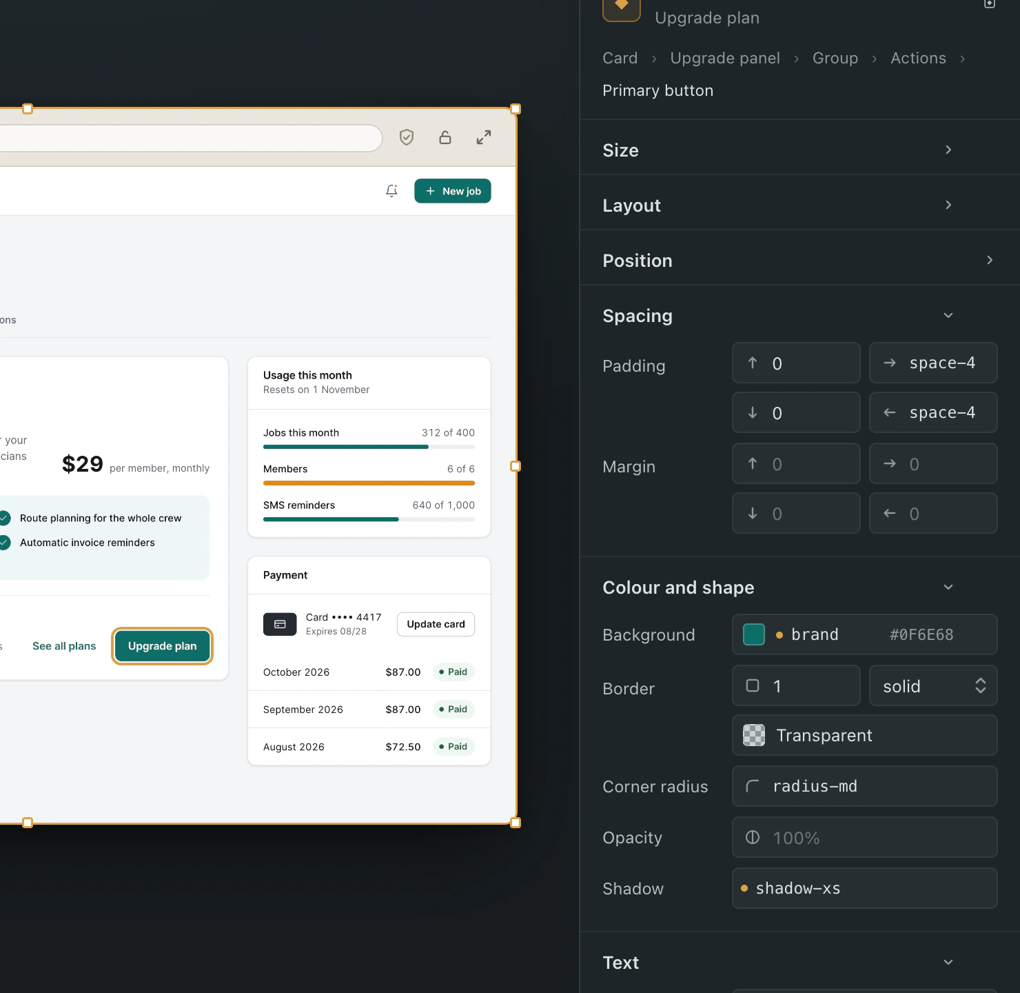 The Upgrade plan button selected on the billing page, and the Design panel beside it: padding space-4 on both sides, background brand, corner radius radius-md, shadow shadow-xs.