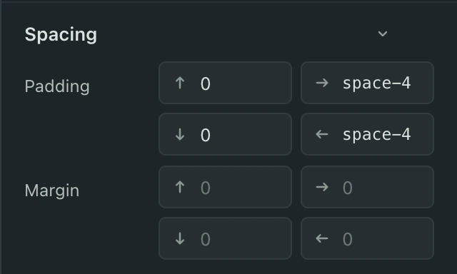 The Spacing section of the Design panel for the Upgrade plan button: padding space-4 on the left and right, 0 above and below, margins 0.