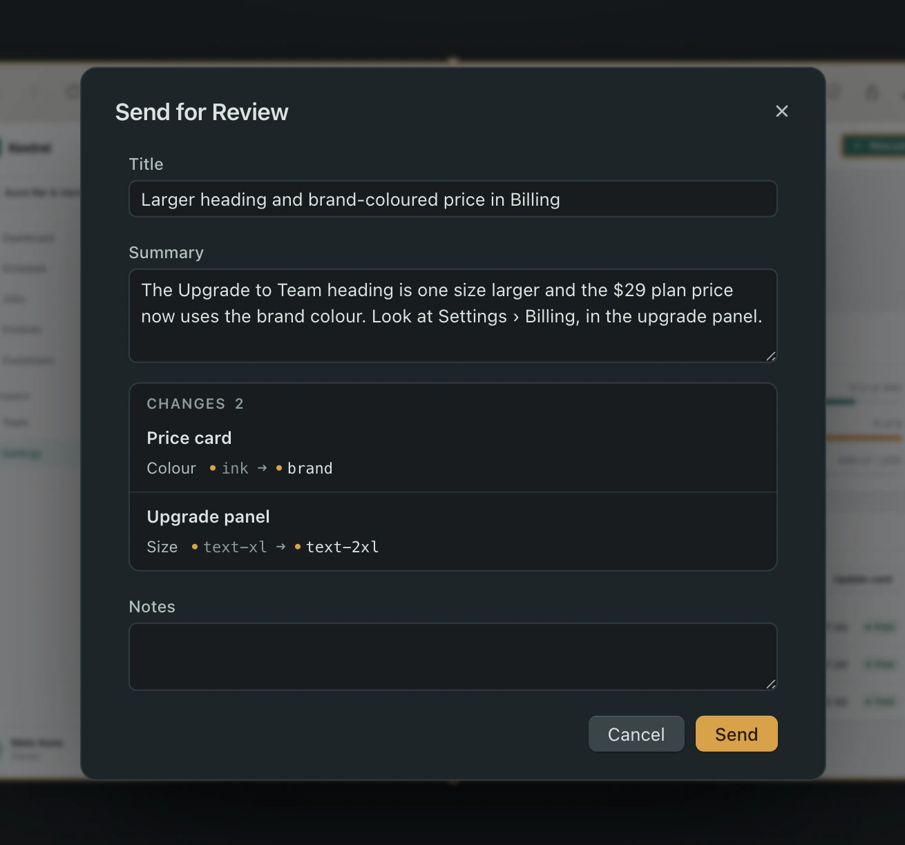 The Send for Review sheet with the title already written, Larger heading and brand-coloured price in Billing, a two-sentence summary, and the two changes listed with old and new values: price colour ink to brand, heading size text-xl to text-2xl.