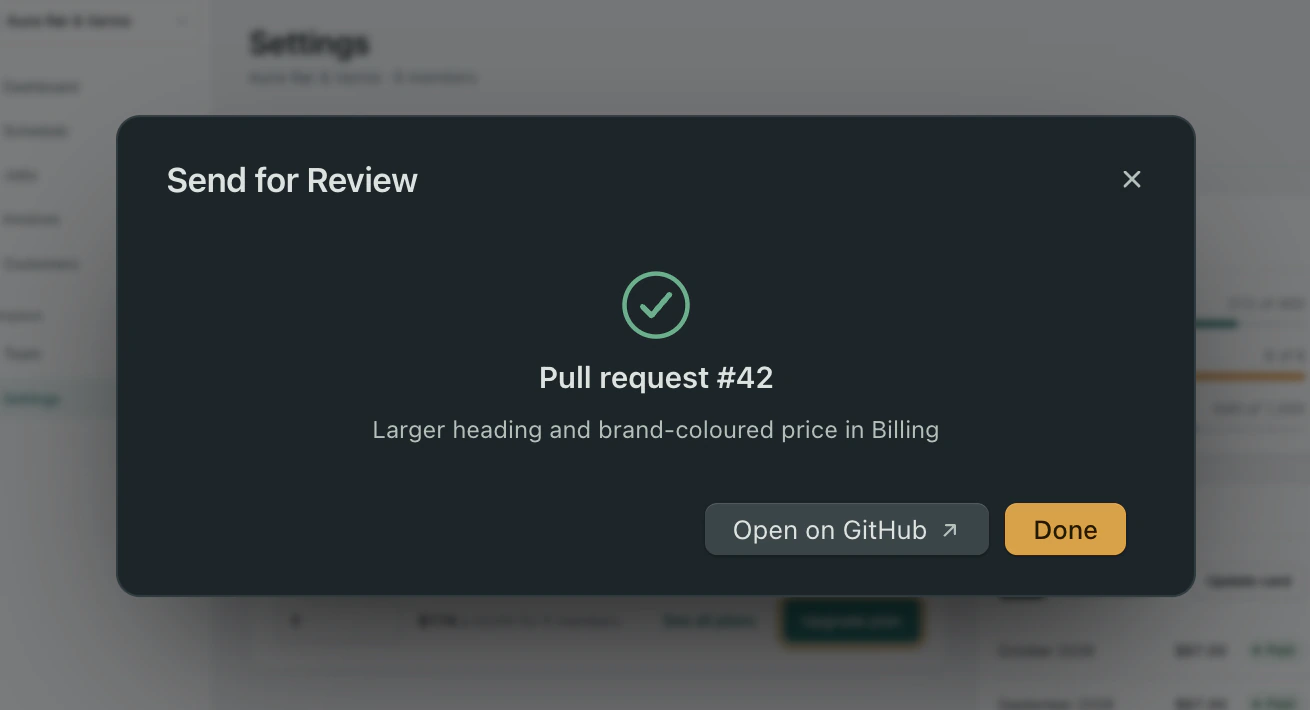 Send for Review finished: Pull request #42, Larger heading and brand-coloured price in Billing, with Open on GitHub and Done.