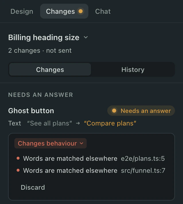 A text change on the See all plans button waits in the Changes tab with a red Changes behaviour chip, opened to show that the exact words are also matched in e2e/plans.ts and src/funnel.ts, with Discard as the only action.
