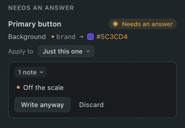 A Needs an answer card for the primary button: background brand changed to #5C3CD4, with a note that the colour is off the scale, and the choices Write anyway or Discard.