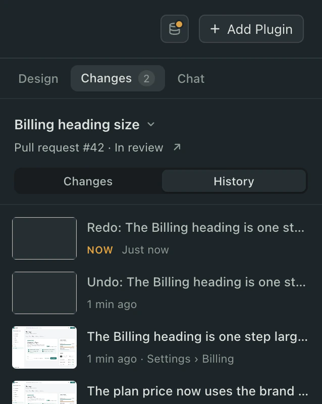 The History list: The Billing heading is one step larger, The plan price now uses the brand colour, and Before any changes, each with a thumbnail of the page.