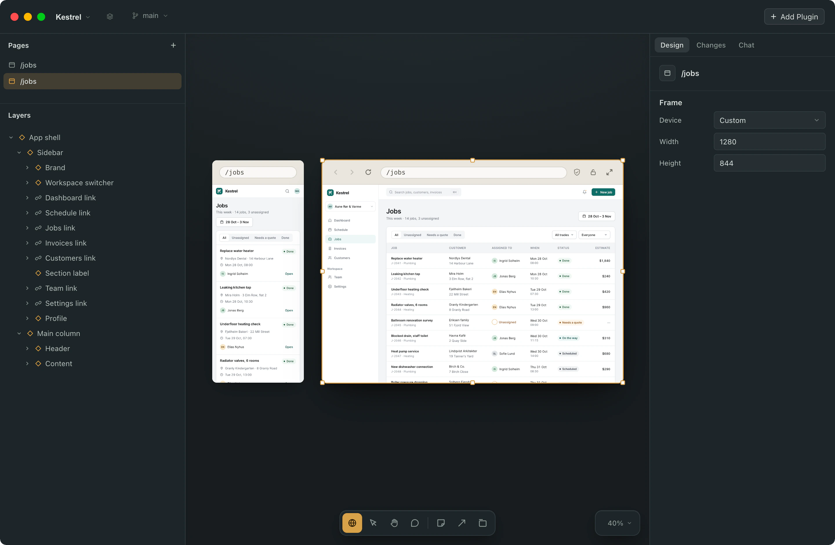 Two canvases of the Kestrel jobs page side by side: a phone width showing jobs as cards and a desktop width showing the full jobs table, both live.