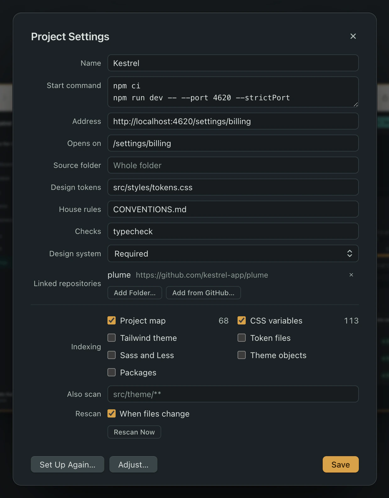 Project Settings for Kestrel: start command, address, design tokens, house rules, checks, design system Required, and Linked repositories listing plume from github.com/kestrel-app/plume, with indexing options below.