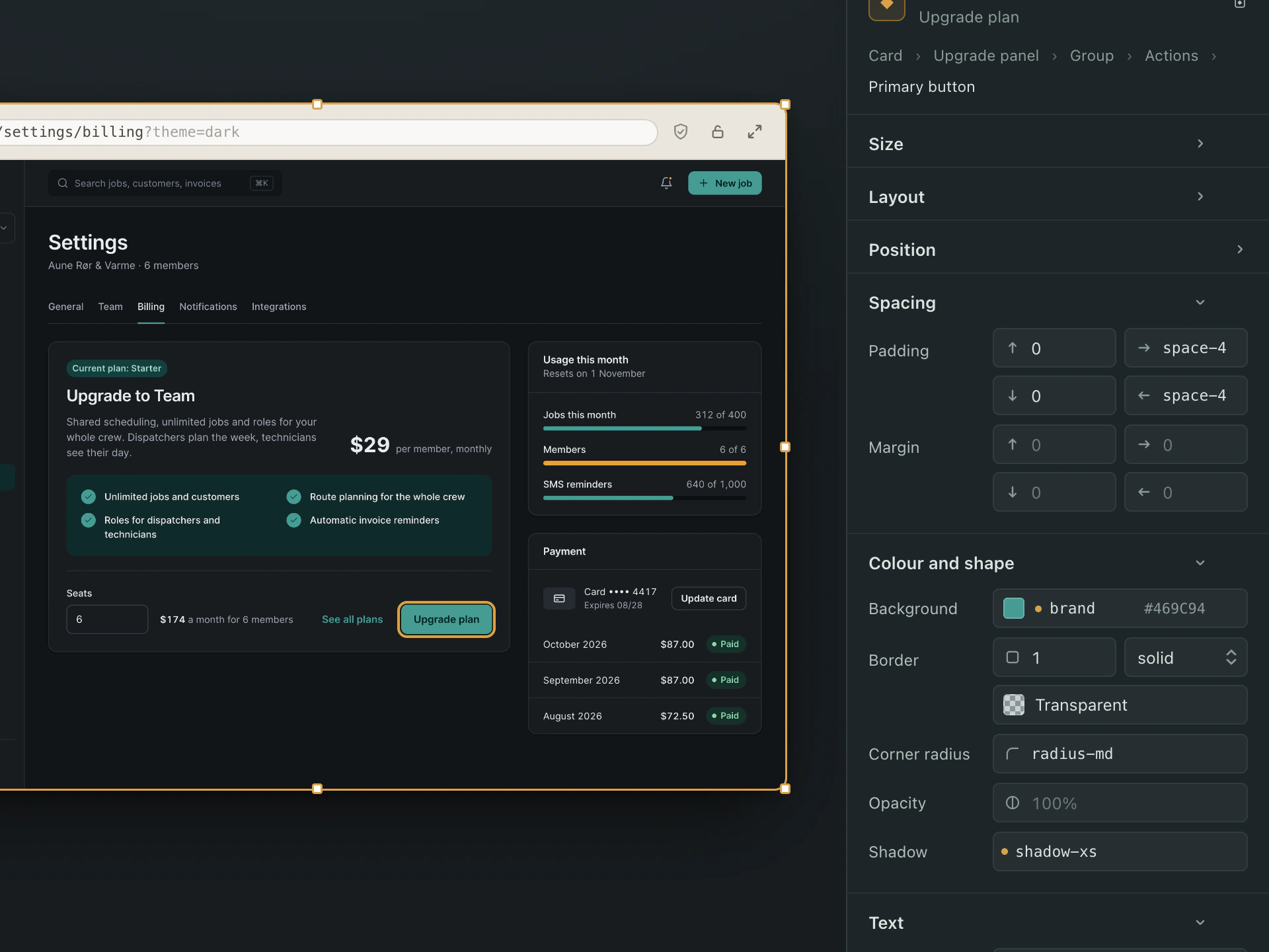 The same billing scene with Kestrel in its dark theme: the Upgrade plan button selected, the Design panel reading the brand token as #469C94 in dark.